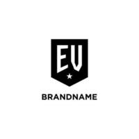 EV monogram initial logo with geometric shield and star icon design style vector