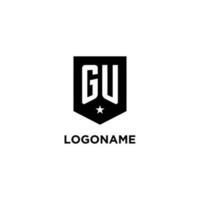 GU monogram initial logo with geometric shield and star icon design style vector