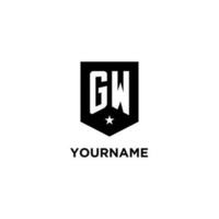 GW monogram initial logo with geometric shield and star icon design style vector