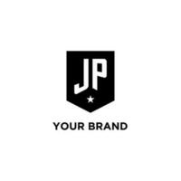 JP monogram initial logo with geometric shield and star icon design style vector