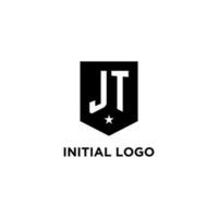 JT monogram initial logo with geometric shield and star icon design style vector