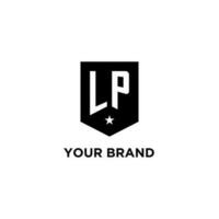 LP monogram initial logo with geometric shield and star icon design style vector