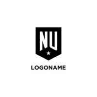 NU monogram initial logo with geometric shield and star icon design style vector