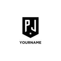 PJ monogram initial logo with geometric shield and star icon design style vector