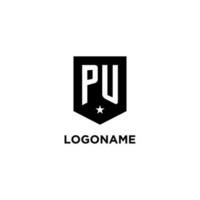 PU monogram initial logo with geometric shield and star icon design style vector