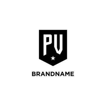 PV monogram initial logo with geometric shield and star icon design style vector