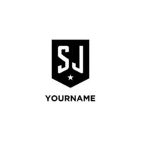 SJ monogram initial logo with geometric shield and star icon design style vector