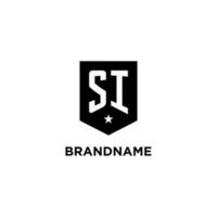 SI monogram initial logo with geometric shield and star icon design style vector