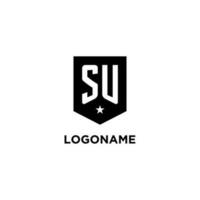 SU monogram initial logo with geometric shield and star icon design style vector