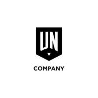 UN monogram initial logo with geometric shield and star icon design style vector