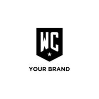 WC monogram initial logo with geometric shield and star icon design style vector