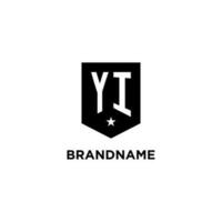 YI monogram initial logo with geometric shield and star icon design style vector