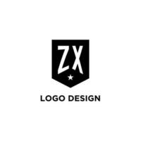 ZX monogram initial logo with geometric shield and star icon design style vector