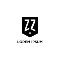 ZZ monogram initial logo with geometric shield and star icon design style vector