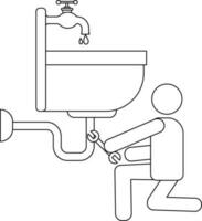 Character of black line art man holding wrench and falling water in sink. vector