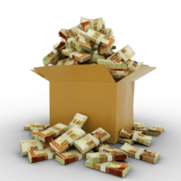 3d rendering of cardboard box full of Pakistani Rupee notes isolated on a transparent background png