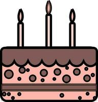Decorated brown cake with burning candles. vector