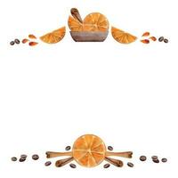 Watercolor hand drawn border frame with coffee cups, beans, orange slices, juice drops, cinnamon stick. Isolated on white background. For invitations, cafe, restaurant food menu, print, website, cards vector