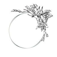 Hand drawn vector ink orchid flowers and branches, monochrome, detailed outline. Circle wreath composition. Isolated on white background. Design for wall art, wedding, print, tattoo, cover, card.