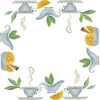 Watercolor hand drawn illustration. Tea pot cups creamer milk jug lemon cinnamon green leaf. Square frame. Isolated on white background. Invitations, cafe, restaurant food menu, print, website, cards vector