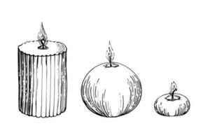 Hand drawn vector ink assorted candles lit with flames. Votives, balls, tea lights, pillars. Isolated object on white background. Design for wellness resort, print, fabric, cover, card, booklet.