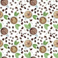 Watercolor hand drawn seamless pattern with coffee cups, beans, leaves, stains and splashes. Isolated on white background. For invitations, cafe, restaurant food menu, print, website, cards vector