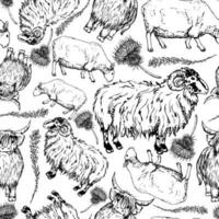 Ink hand drawn graphic vector sketch. Seamless pattern with scottish symbol objects. Sheep and horned ram, hairy coo cow, animals, thistle flower. Design for wallpaper, print, paper, textile, fabric.