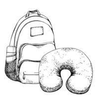 Ink hand drawn vector sketch.Tourist accessories backpack rucksack bag, vacuum flask, inflatable travel sleeping pillow. Design for tourism, travel, brochure, wedding, guide, print, card tattoo.