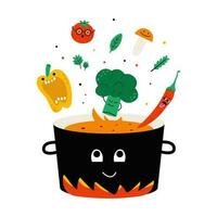 Cute vegetable characters fall into the pot vector