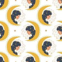 Mystical pattern. Girl and crescent. Seamless pattern. Vector illustration