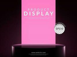 Pedestal, stage, podium of product display in dark scene with pink neon light on background. Vector illustration