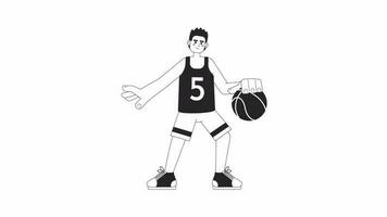 animiert bw Basketball Spieler. afrikanisch amerikanisch Sportler Dribbling Basketball isoliert 2d Animation. Karikatur einfarbig dünn Linie Charakter 4k Video Filmaufnahme, Alpha Kanal Transparenz zum Netz Design