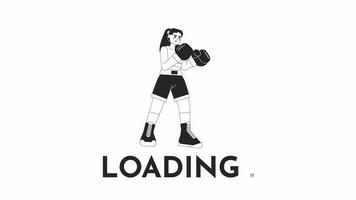 Animated bw kickboxing woman loader. Girl boxer punching. Flash message 4K video footage. Boxing gloves. Isolated monochrome loading animation with alpha channel transparency for UI, UX web design