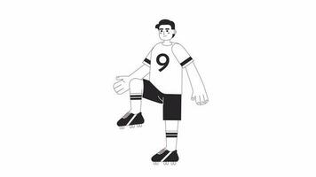 Soccer player exercise bw animation. Animated isolated 2D football coach. Kicking training. Cartoon monochrome thin line character 4K video footage, alpha channel transparency for web design