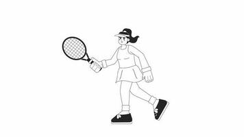 Animated bw girl tennis player. Athlete swinging racket isolated 2D animation. Individual sports. Cartoon monochrome thin line character 4K video footage, alpha channel transparency for web design