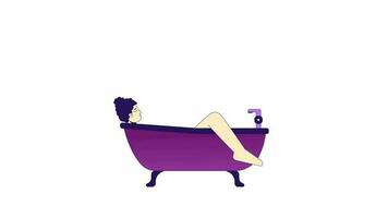 Bathtub woman relaxing animation. Animated isolated 2D bubble bath girl. Spa time. Cartoon colour flat line character 4K video footage, white background, alpha channel transparency for web design