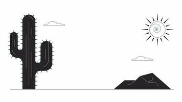 Tumbleweed on road bw animation. Animated cactus in hot desert wasteland 2D cartoon flat monochrome line landscape. 4K video concept footage on white with alpha channel transparency for web design