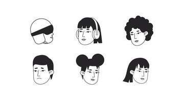 Feeling good icons animation pack. Asian women, men diversity. Animated monochrome flat character heads set, white background, alpha channel transparency. Cartoon avatars 4K video footage, web design