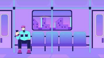 Commuter in train lo fi animation. Rapid transit. Young asian man subway passenger with phone. Animated 2D cartoon character. Chill lofi music 4K video vaporwave background, alpha channel transparency
