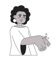 Beautiful afro american fiancee with ring on finger monochromatic flat vector character. Black wife-to-be. Editable line full body person on white. Simple bw cartoon spot image for web graphic design