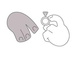 Interracial marriage monochromatic flat vector hands. Put diamond ring on finger. Mixed race couple. Editable line pov closeup clip art on white. Simple bw cartoon spot image for web graphic design