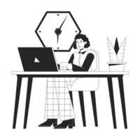 Office worker sitting at desk bw concept vector spot illustration. Office woman at workplace 2D cartoon flat line monochromatic character for web UI design. Editable isolated outline hero image
