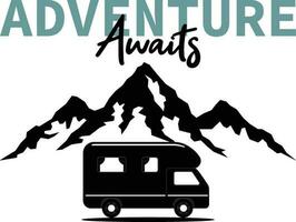 Adventure awaits modern lettering tempate. Motivational inspirational typography print poster with camping in the forest. Vector vintage illustration.