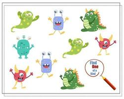 Find a couple, educational game for kids, cartoon monsters, aliens. vector