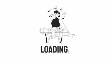 Listen to music bw loader animation. Asian headphones girl with cat. Flash message 4K video footage. Isolated outline monochrome loading animation with alpha channel transparency for UI, UX web design