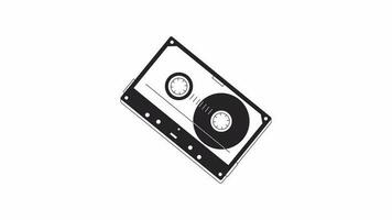 Audio cassette bw lo fi animation. Oldschool equipment. Recording. Retro tape. Animated 2D monochrome outline object. Chill lofi music 4K video black white background, alpha channel transparency