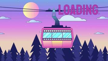 Cableway sunrise loader animation. Ropeway above sunset forest. Cabin in woods. Flash message 4K video. Chill lofi colour loading animation with alpha channel transparency for UI, UX web design video