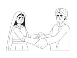 Hindu wedding couple holding hands monochromatic flat vector characters. Happy indian groom and bride. Editable thin line half body people on white. Simple bw cartoon spot image for web graphic design