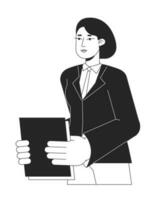 Caucasian female employee holding papers bw vector spot illustration. Serious office worker 2D cartoon flat line monochromatic character for web UI design. Editable isolated outline hero image