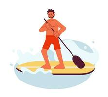 Indian man paddleboarding on lake flat vector spot illustration. Guy in swimwear standing up paddle board 2D cartoon character on white for web UI design. Sport isolated editable creative hero image